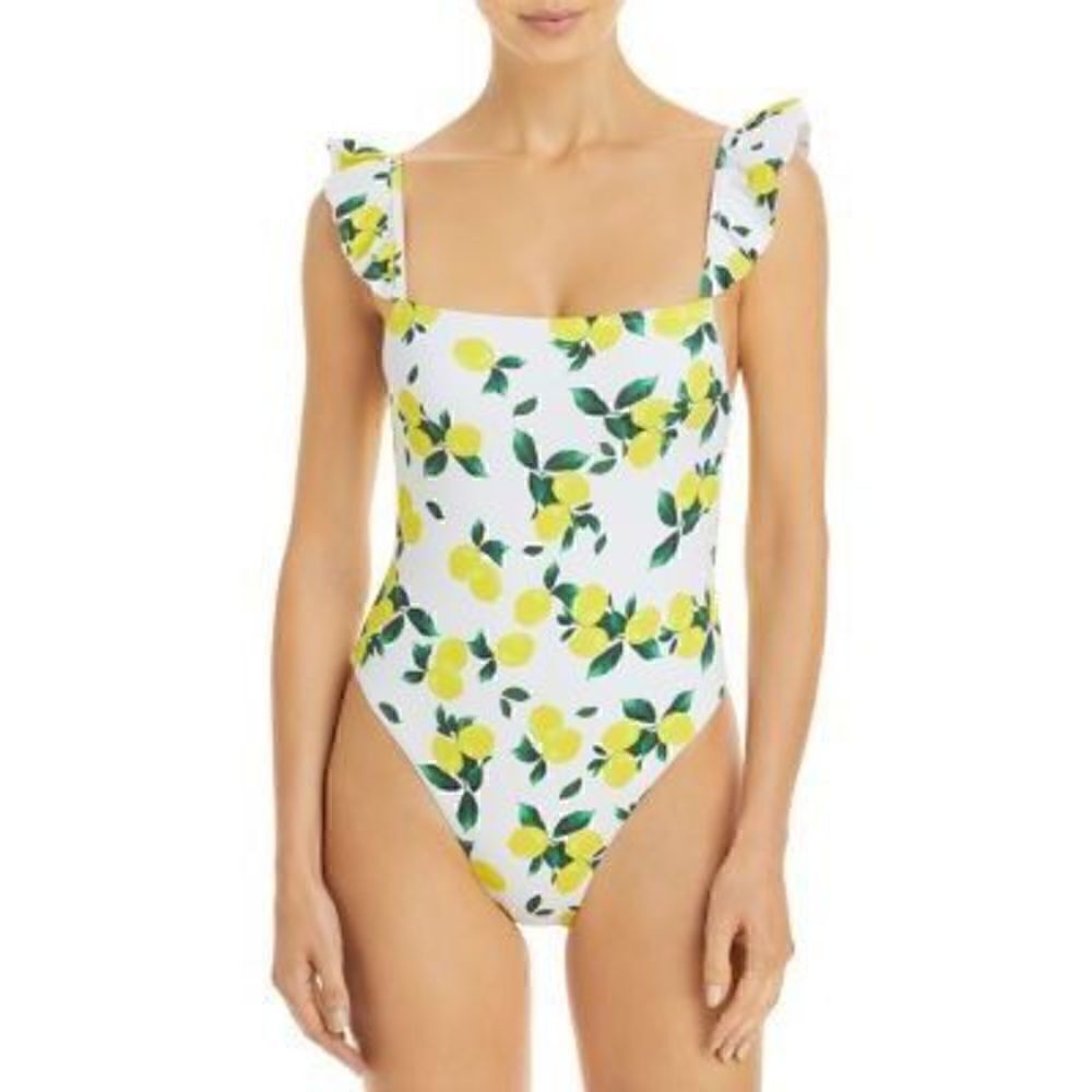 AQUA Swim Swim Ruffled Lemon Print One Piece Swimsuit Sz M